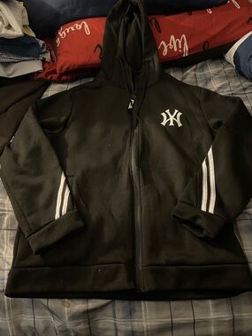 SHEIN Black Zip-Up Hoodie with White Stripe Accents